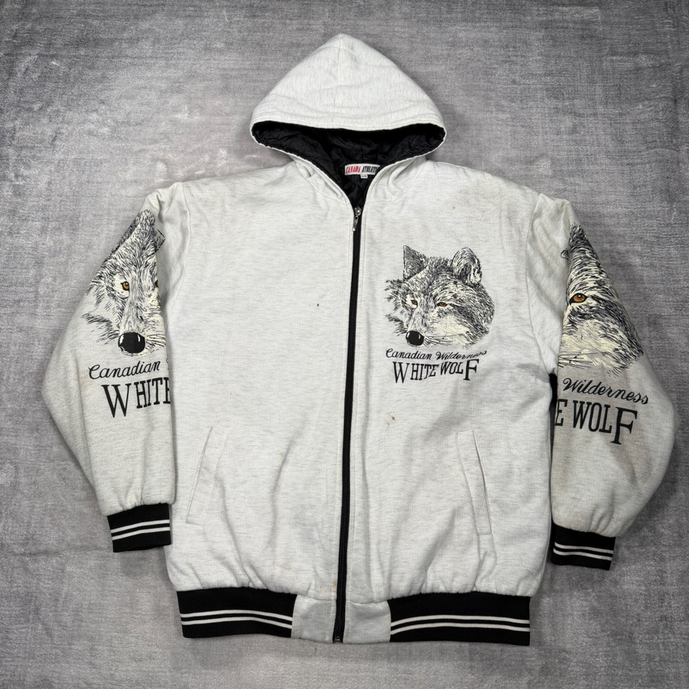 Vintage Nature Jacket Mens Large Heathered Grey Wolf 90s Full Zip Quilted Hoodie